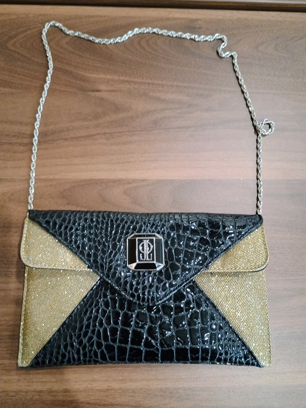 J Lo Black Croc-Texture and Gold Glitter Envelope Clutch with Chain Strap